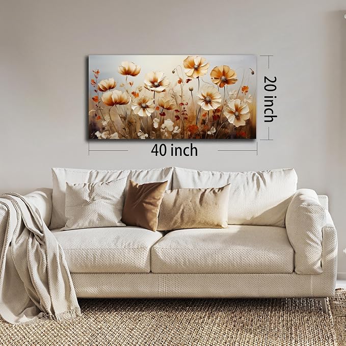 DNIEOTU Flower Wall Art for Living Room, Floral Canvas Wall-Decor for Bedroom, Beige and Brown Picture Prints for Hallway Office, Size 40 x 20 Inches