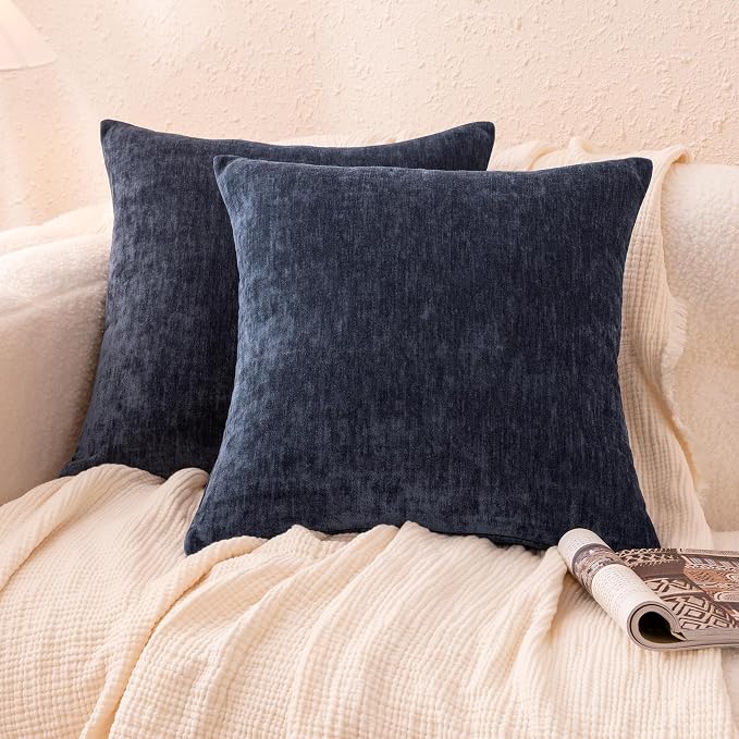 Amazon Basics Chenille Throw Pillow Covers, Home Decor Cushion Cover for Bedroom Living Room Couch Bed, 18" W × 18" L, Navy Blue