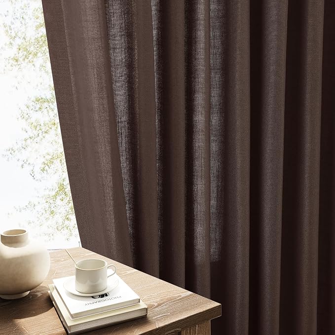 Extra Long Linen Curtains 102 Inches for Living Room Back Tab Semi Sheer Floor to Ceiling Light Filtering Curtain Boho Farmhouse Decor Window Drapes for Bedroom 2 Panels Coffee