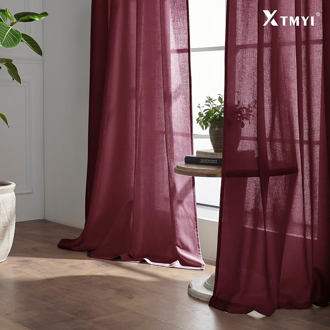 XTMYI Red Wine Curtains, 108x50 inches, Linen Look, Semi Sheer, 4 Hanging Methods, Set of 2 for Living Room, Christmas
