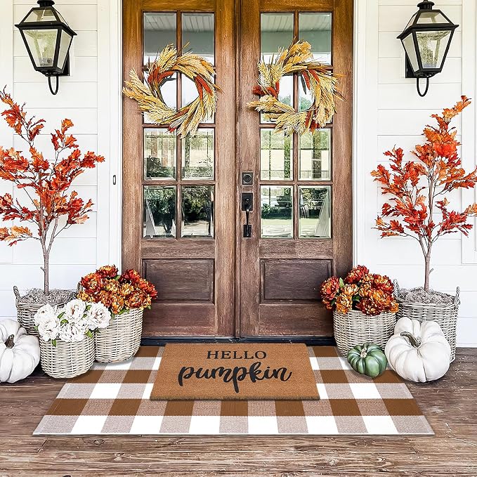 Homydecor Buffalo Plaid Outdoor Rugs, 24'' x 51'' Coffe and White Checkered Area Rug, Layering Rug for Hello/Welcome Door Mat, Washable Cotton Woven Farmhouse Mat for Front Porch Décor