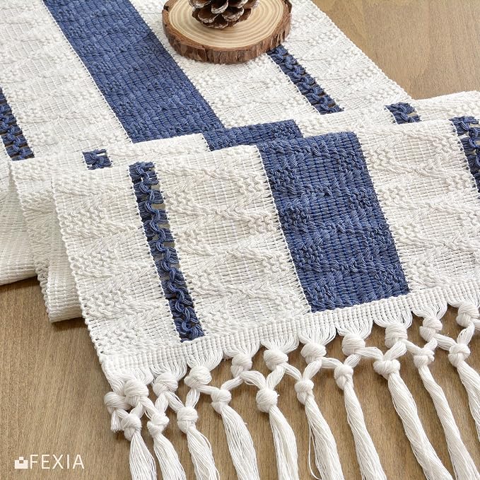 FEXIA Boho Table Runner with Tassels for Fall Home Decor 12x72 Blue Decor | 72 Inches Long Farmhouse Rustic Burlap Table Decoration for Living Room Dining Room Autumn Decor Centerpieces for Tables