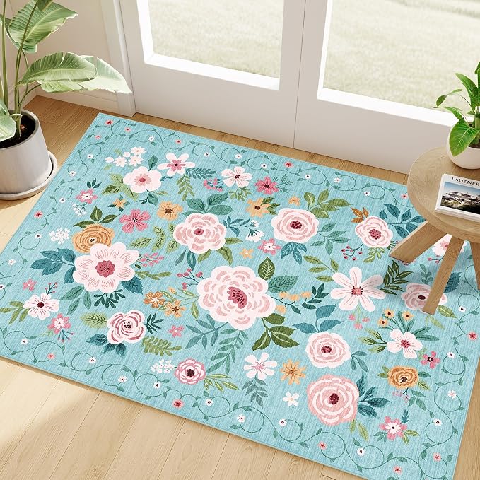 DUKINO 2x3 Entryway Rug, Floral Door Mat Soft Washable Rug Non Slip, Teal | Low Pile, Non-Shedding Small Rug for Kitchen, Entrance, Bedroom, Bathroom, Pet Friendly, Stain Resistant, Modern Home Decor