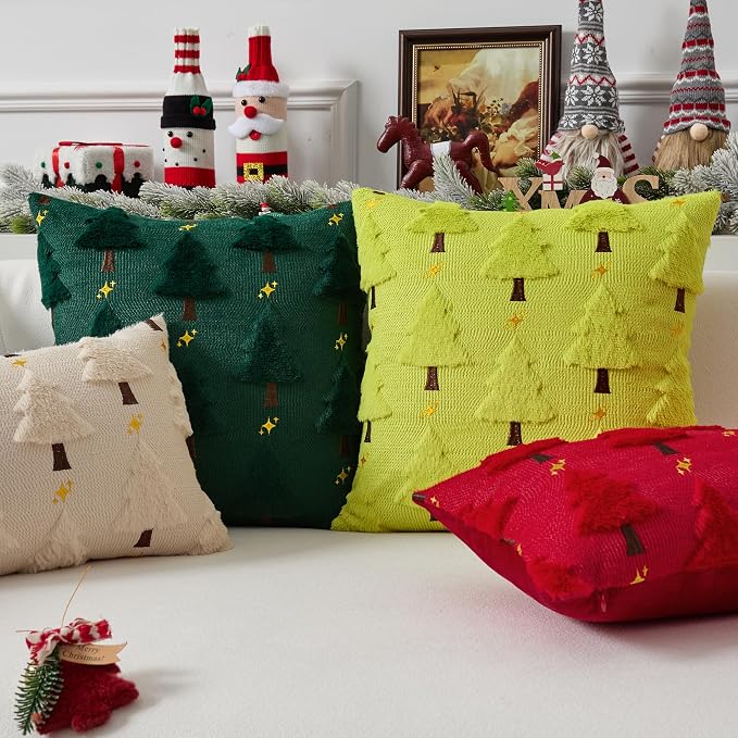 UGASA Star Christmas Decorative Pillow Covers 20x20 Inch Set of 2 Soft Plush Faux Fur Jacquard Throw Pillows Pillowcases for Couch Sofa Holiday Festivals Winter Home Decor, Green