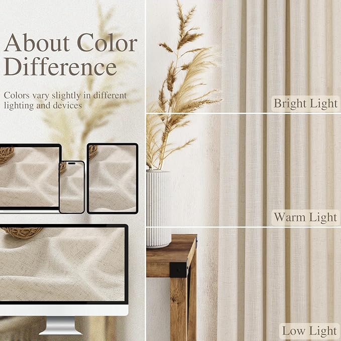 Extra Long Warm Beige Linen Curtains 120 Inch for Living Room 2 Panels Set Rod Pocket Back Tab Light Filtering Semi Sheer Linen Window Drapes Privacy High Ceiling Drapes for Farmhouse 52x120