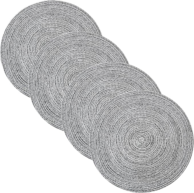 Round Placemats Set of 6-100% Cotton Two-Tone Placemat for Dining Table - Woven Braided Table Setting Place Mat - Washable Table Decor for Kitchen, Farmhouse, Rustic, Everyday Use, Black
