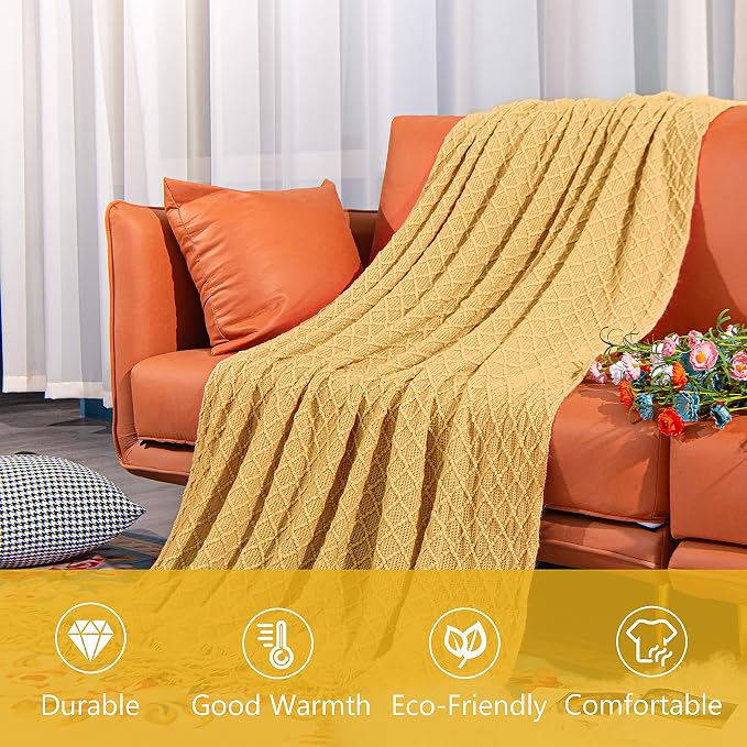 NTBAY Acrylic Knit Throw Blanket, 60 x 80, Mustard Yellow Checkered | Lightweight Acrylic Wave-Knit Throw with 7 Inch Tassels for Sofa, Bed, Reading, Travel, and Decorative Layering