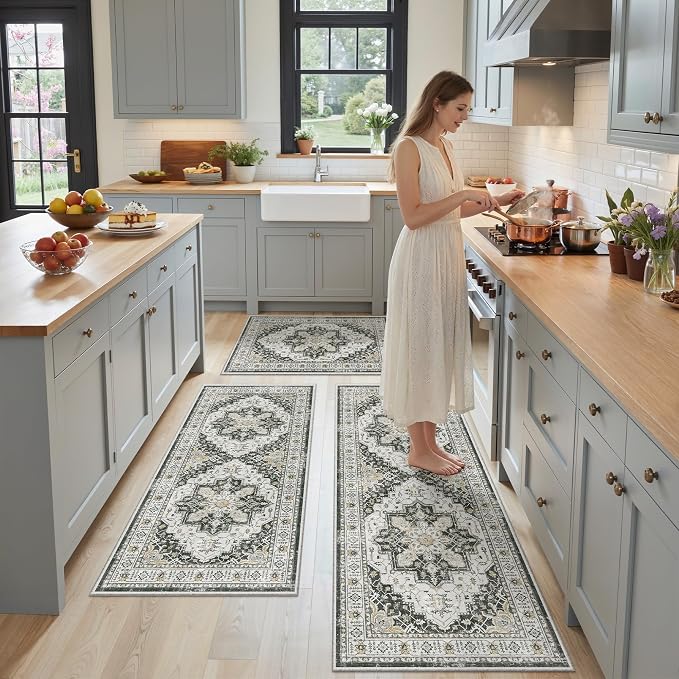 Madane Washable Kitchen Rug Set of 3 Small Area Rugs Non-Slip, Black | Vintage Hallway Entryway Door Mat Indoor Entrance Low Pile Floor Carpet Runner for Inside Front Entry Laundry 2x3+2x4+2x5