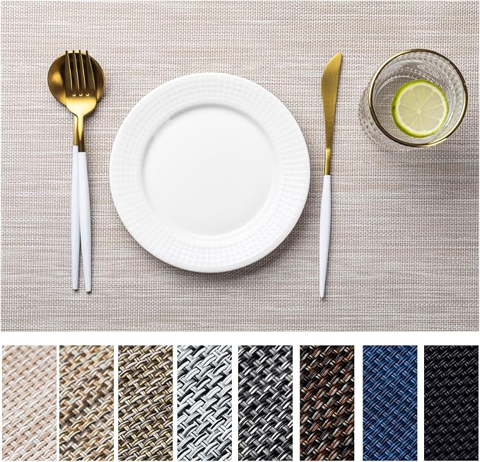 LEXMORE Placemats Set of 12 Vinyl/Plastic Woven Place Mats for Kitchen Table Indoor/Outdoor Washable Placemat Wipeable Dining Table Mats(Beige White)