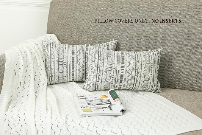 Mika Home Pack of 2 Rectangle Pillow Cases,Striped,12x20 Inches, Gray Cream | Decorative Throw Pillow Covers, Home Decoration, Bohemian Striped Geometric Pattern