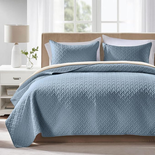 FLYMME Quilts King Size,Lightweight Dusty Blue Bedspreads,Basket Weave Pattern,Ultra Soft Microfiber Bed Coverlet 3 Pieces for All-Seasons (1 Quilt,2 Pillow Shams)