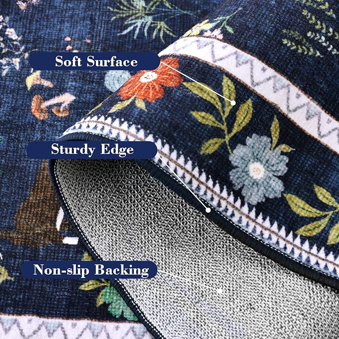 AIMPEAK 2x3 Washable Door Mat - Non Slip Low Pile Cat Floral Boho Small Area Rug for Entryway, Kitchen, Front Door, Indoor Entrance, Kids Room Throw Rug Carpet, Navy Blue Multi