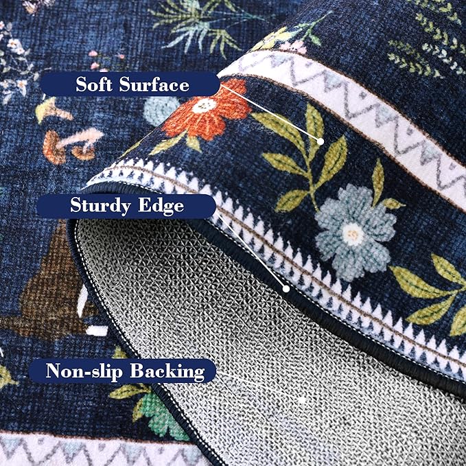 AIMPEAK 5x7 Washable Area Rug - Non Slip Low Profile Cat Floral Boho Carpet for Living Room, Bedroom, Farmhouse, Dining Room, Kids Playroom, Nursery, Vintage, Navy Blue Multi