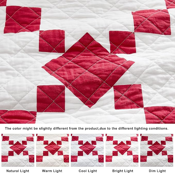 WDCOZY 100% Cotton Quilt Queen Size, Lightweight Reversible Gingham Patchwork Bedding Set with 2 Pillow Shams, Red Block Pattern Farmhouse Bedspread Shabby Chic Coverlet Thin Comforter All Seasons