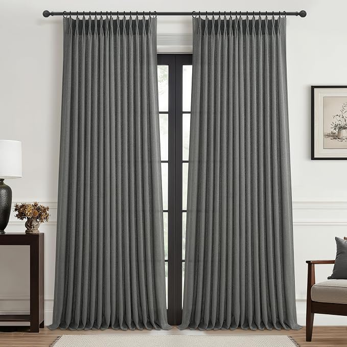 Dark Grey Pleat Semi Sheer Curtains 96 Inches Long for Bedroom, Memory Trained Pinch Pleated Linen Textured Light Filtering Modern Curtain 96 Inch Length 2 Panels Set Viral Window Drapes 8FT Length