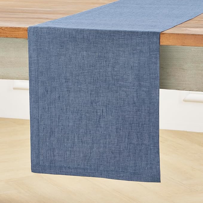 Solino Home 100% Linen Table Runner Blue Denim Woven, Athena 14 x 72 in | styles dining tables for meals and celebrations, European flax fibres, betters with age, Blue Denim, soft, OEKO-TEX Certified