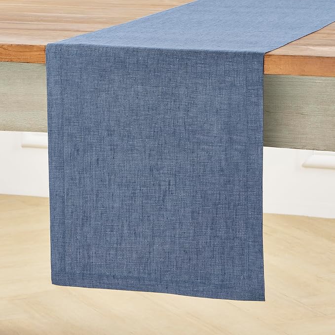 Solino Home 100% Linen Table Runner Blue Denim Woven, Athena 14 x 36 in | brings a tailored look to family meals and hosting, European flax fibres, a refined home accent, soft, OEKO-TEX Certified