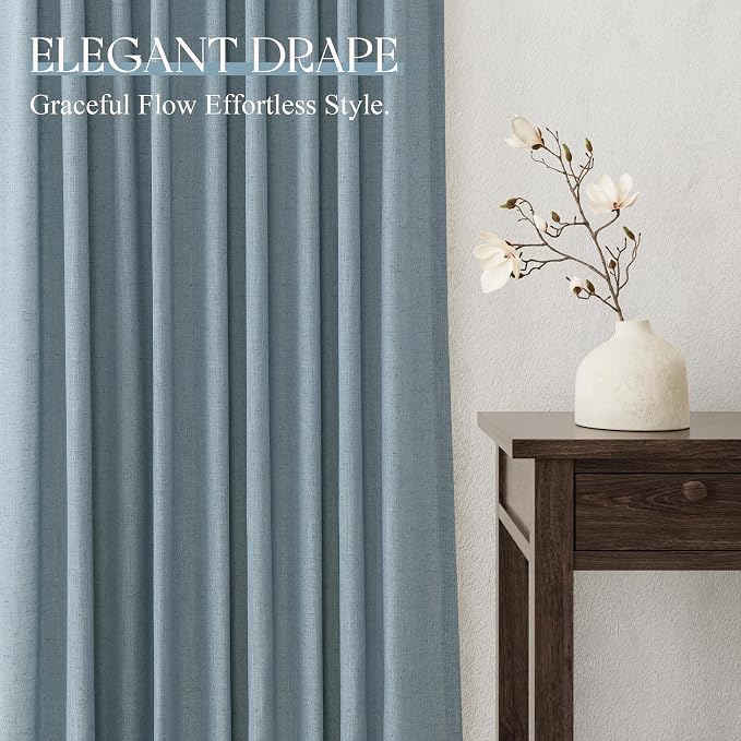 Jowels Blue Linen Curtains 45 Inch Long 2 Panels for Living Room | Light Filtering Semi Sheer Curtain, Back Tab Pocket Pleated Look, Boho Farmhouse Textured Privacy Drapes for Bedroom Window