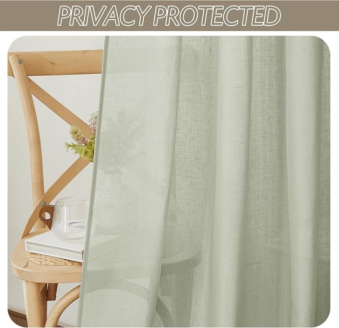 RYB HOME Linen Sheer Curtains 2 Panels for Living Room, Semi Transparent Privacy Drapes with Rod Pocket Farmhouse Style Window Treatments for Bedroom, Sage Green, 52" W x 84" L