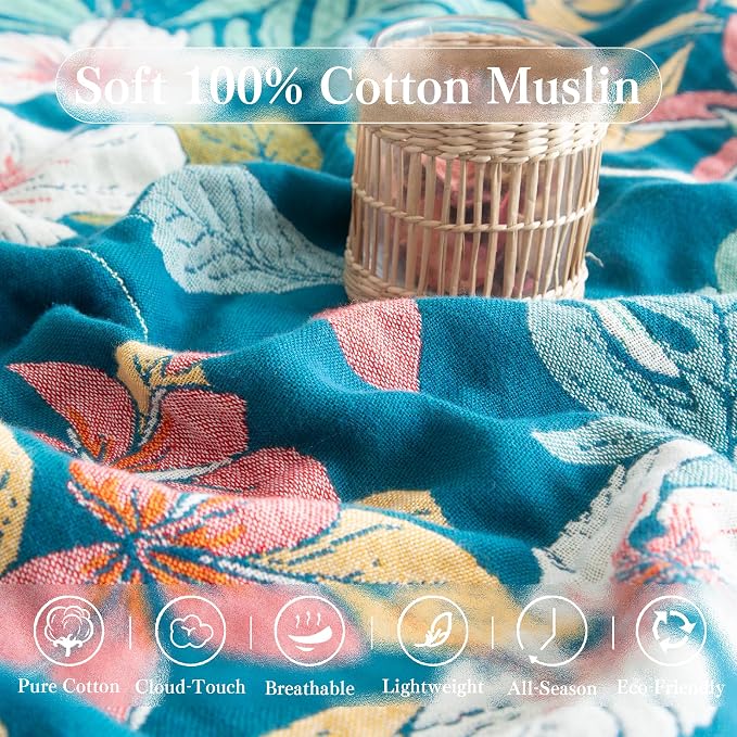 Phuryllic Boho Throw Blanket Full Size, Extra Large Soft Cozy Cotton Muslin Quilt Blanket for Bed Decor, Floral Patterned Couch Sofa Chair Cover, Vintage Farmhouse Cottage Woven Blanket, Teal&Green