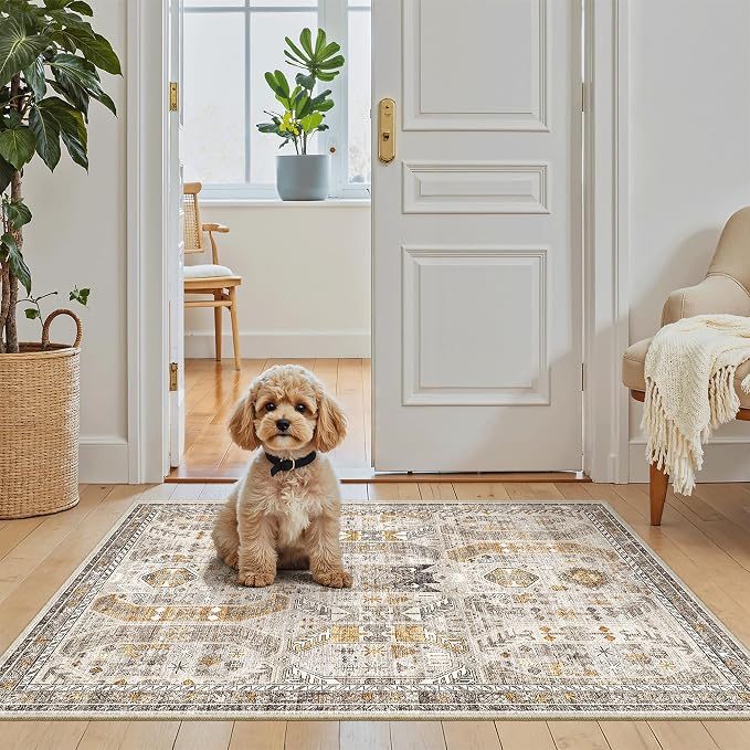 Madane Washable Area Rug 2x3 Small Entryway Rugs Non-Slip, Brown/Gold | Vintage Stain-Resistant Door Mat Indoor Entrance, Low Pile Floor Carpet for Inside Front Bedroom Kitchen Entry Laundry, Stair