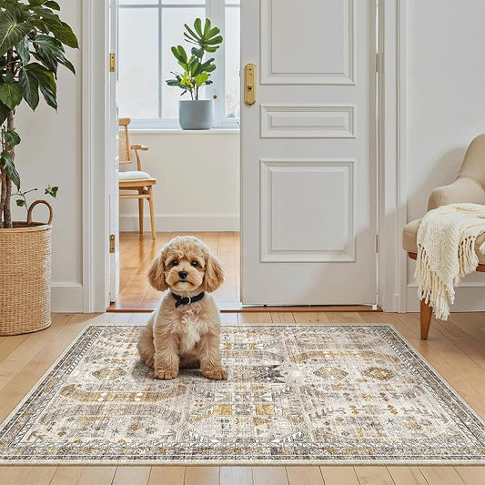Madane Washable Area Rug 2x3 Small Entryway Rugs Non-Slip, Brown/Gold | Vintage Stain-Resistant Door Mat Indoor Entrance, Low Pile Floor Carpet for Inside Front Bedroom Kitchen Entry Laundry, Stair