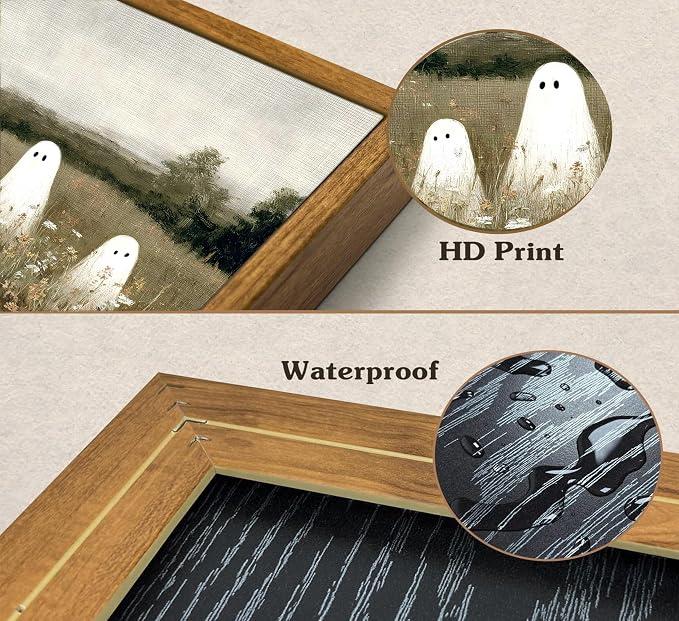 Framed-Halloween Ghost Canvas Wall Art-8x10in | Vintage Wildflowers Cute Ghost Picture Poster Print.Halloween Wall Decor for Bedroom Living Room Bathroom