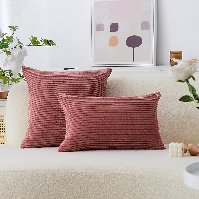 Home Brilliant Lumbar Pillow Covers Rectangle Set of 2 Throw Pillows Striped Corduroy Cushion Covers for Gift Girl's Room Decor, 12 x 20 inch, Dry Rose Pink