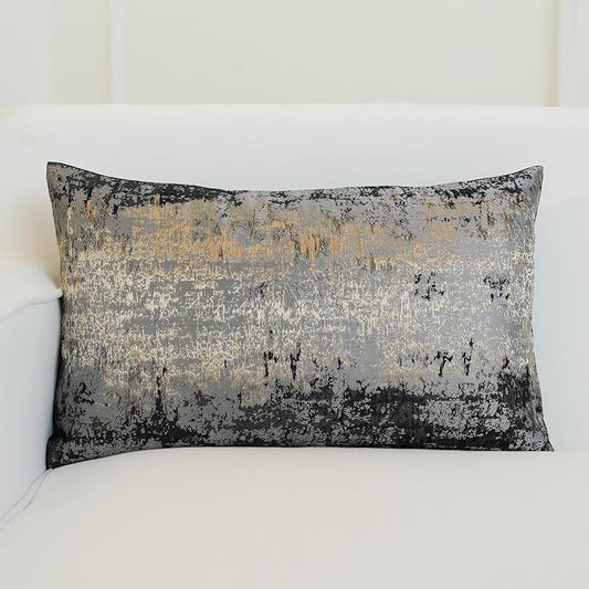THE-TINOART Charcoal Champagne Metallic Jacquard Lumbar Pillow Cover 12x20 Velvet Back Modern Glam Sofa Decor