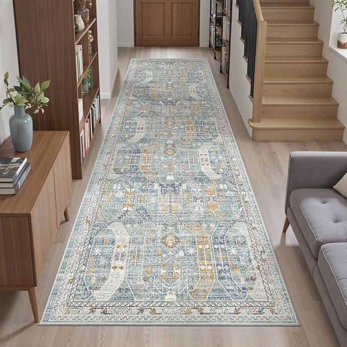 Madane Kitchen Runner 2'6''x8' Soft Rug Runners for Hallways, Blue/Gold | Vintage Machine Washable Rugs 2.5x8 Ft, Non-Slip Low Pile Stain-Resistant 8ft Floor Carpet for Laundry Room Corridor