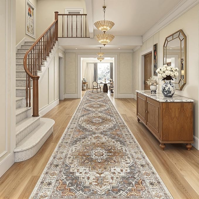 Madane Hallway Runner Rug 3x20 Washable Kitchen Runners 20ft, Turmeric/Grey | Vintage Non Slip Extra Long Area Rugs , Soft Low-Pile Farmhouse Wide Floor Carpet for Corridor Entryway Bathroom Bedroom