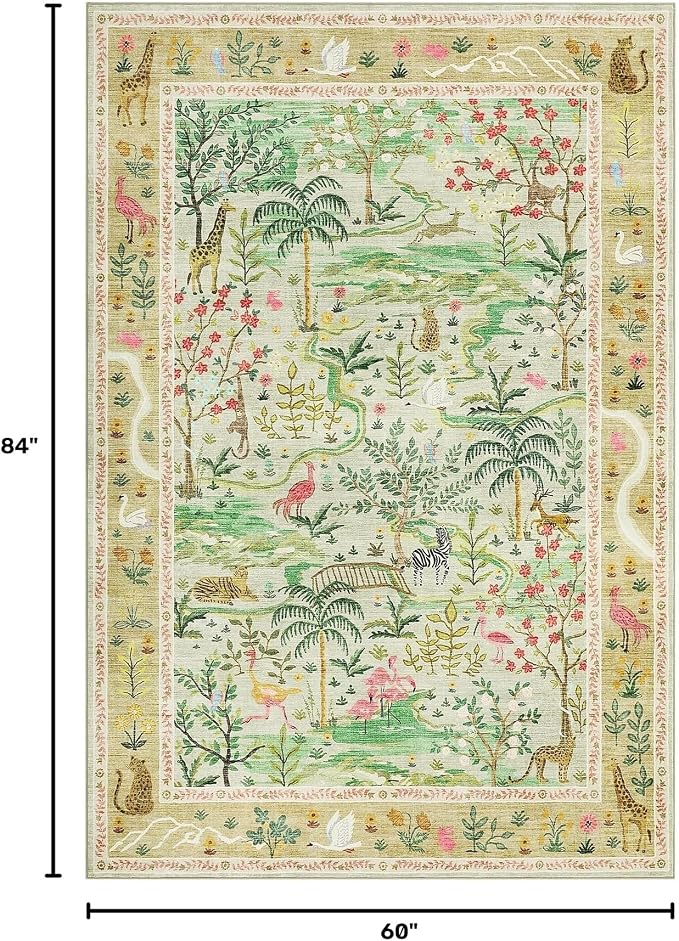 Washable Area Rug 5x7 Green Animal Print Rugs for Nursery Non Slip Stain Resistant Forest Fairy Tale Throw Carpet Low Pile Whimsical Safari Area Rugs for Entryway Girls Bedroom Dining Room, Sage Green