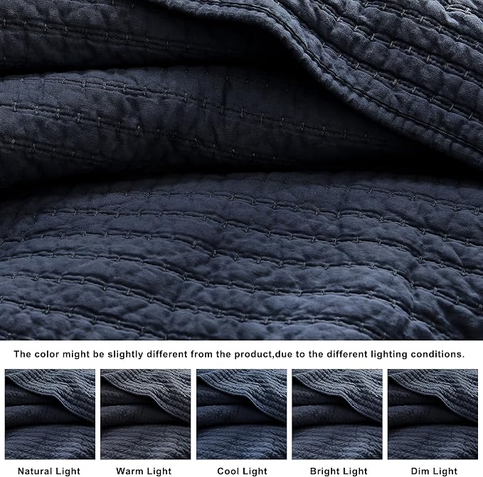 WDCOZY 100% Cotton Twin Size Quilt Set - Navy Blue Striped Pick Stitch Soft Lightweight Bedspread, Textured Like Linen, Farmhouse Country Rustic Coverlet, Shabby Chic Gauze Bedding, 2 Pieces