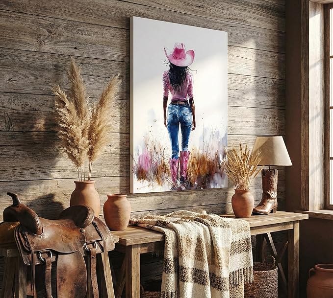 Pink Black Girl Canvas Wall Art Fashion Cowgirl Wall Decor Picture | West African American Girl Wilderness Cowgirl for Print Teen Girls Room Preppy Dormitory Bedroom Artwork Home Decoration