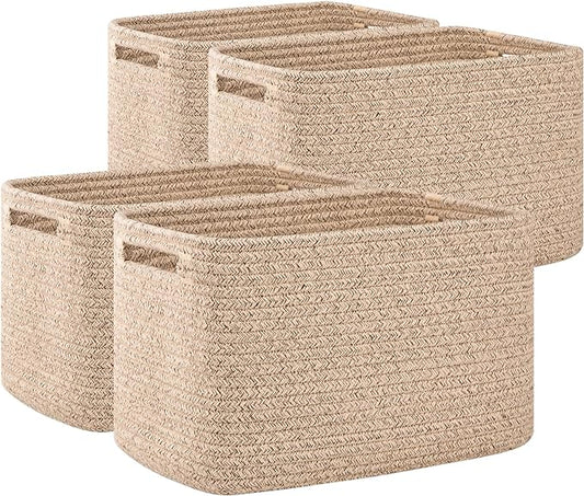 OIAHOMY 4 Pack Storage Baskets for Organizing 15L Cube Storage Bins Brown | Woven Baskets for Storage Rectangle Small Baskets With Handles Baskets for Shelves Wicker Baskets for Shelves 12.7x9x7.8inch