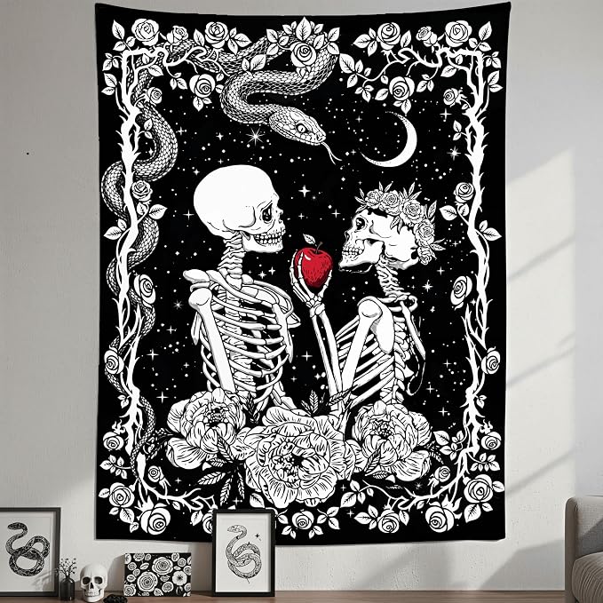 Accnicc Skeleton Lovers Tapestry Gothic Skull Vertical Tapestries Wall Hanging Black and White Floral Plant Snake Horror Large Tapestry for Bedroom Living Room Dorm 80 x 60 inch