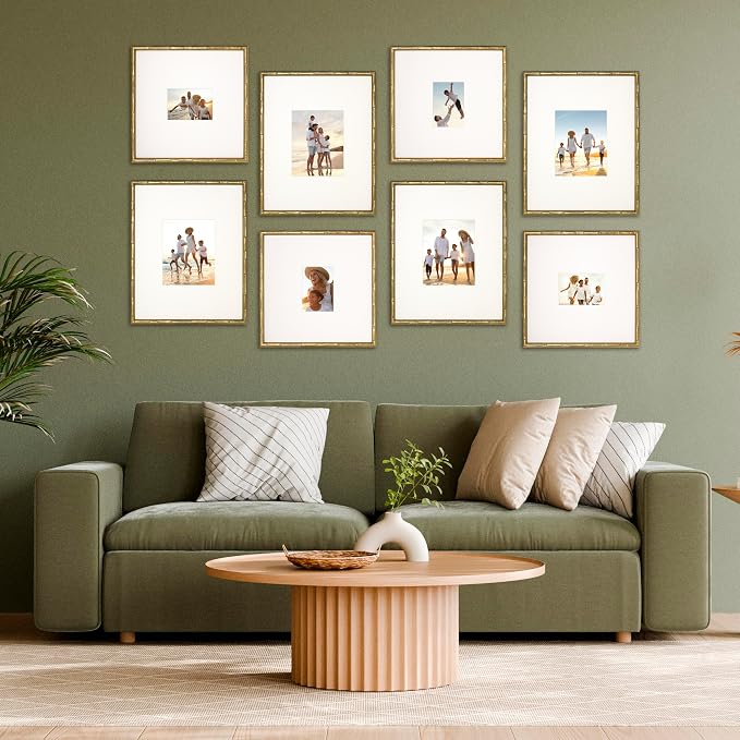 Arcadia Gallery Wall Frame Set, 16x20 and 16x16 Inch Matted Frames, 8 Piece, Antique Gold