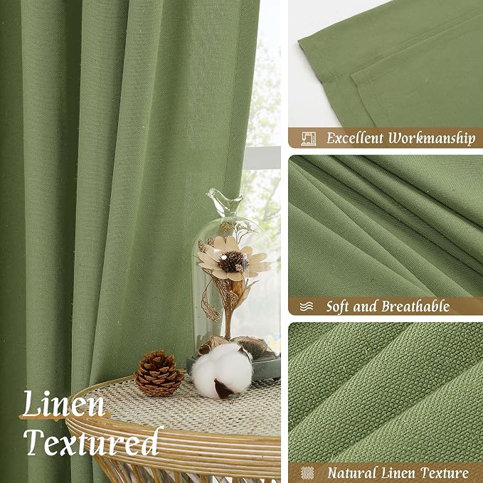 72 inch Length Green Semi Sheer Linen Curtains for Living Room | Light Filtering, Linen Textured, Boho, Spring Room Decor, Drapes for Farmhouse, Bedroom, Rod Pocket, 2 Panels, 52 x 72 Inch