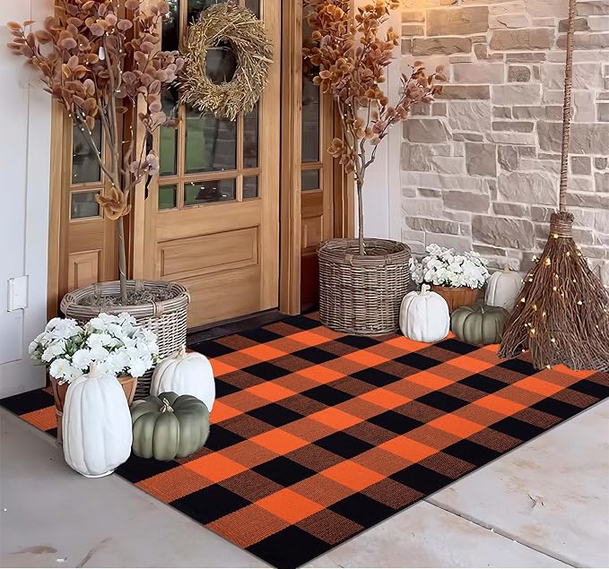 3'x5' Outdoor Rug,Orange and Black Buffalo Plaid Front Porch Rug Farmhouse Cotton Washable Front Door Mat Outdoor for Hallween Mat,Fall,Bedroom,Entryway,Patio