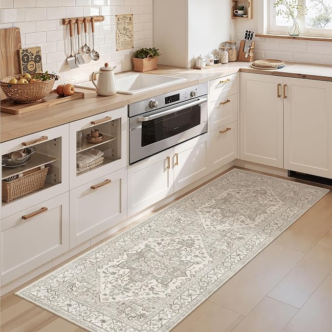 Madane Hallway Runner Rug 2x5 Washable Entry Rugs Non-Slip, Beige/Brown | Vintage Printed Low-Pile Kitchen Runners, Soft Low-Pile Stain-Resistant Throw Carpet for Bedroom Entrance Laundry Room 2'x5'