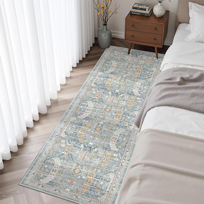 Madane Washable Runner Rug 2x6 Runners for Hallways Non Slip, Blue/Gold | Vintage Stain-Resistant 6 Feet Kitchen Rug, Soft Low-Pile Ultra-Thin Floor Carpet Mat for Bathroom Laundry Room Bedroom 2x6ft