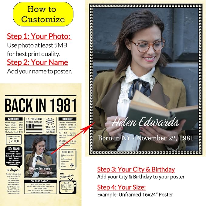 Personalized 44 year old birthday gifts - Back in 1981 Poster - Centerpiece Table Decorations 44th Birthday Party - Custom Born in 1981 Newspaper Vintage Poster for Men, Women