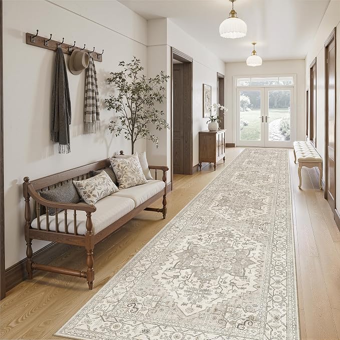 Madane Hallway Runner Rug 2'6''x16' Kitchen Runners Vintage, Beige/Brown | Long Non-Slip Washable Rugs 16ft for Entryway Laundry and Bedroom, Soft Low Pile Stain-Resistant 2.5x16 Ft Floor Carpet