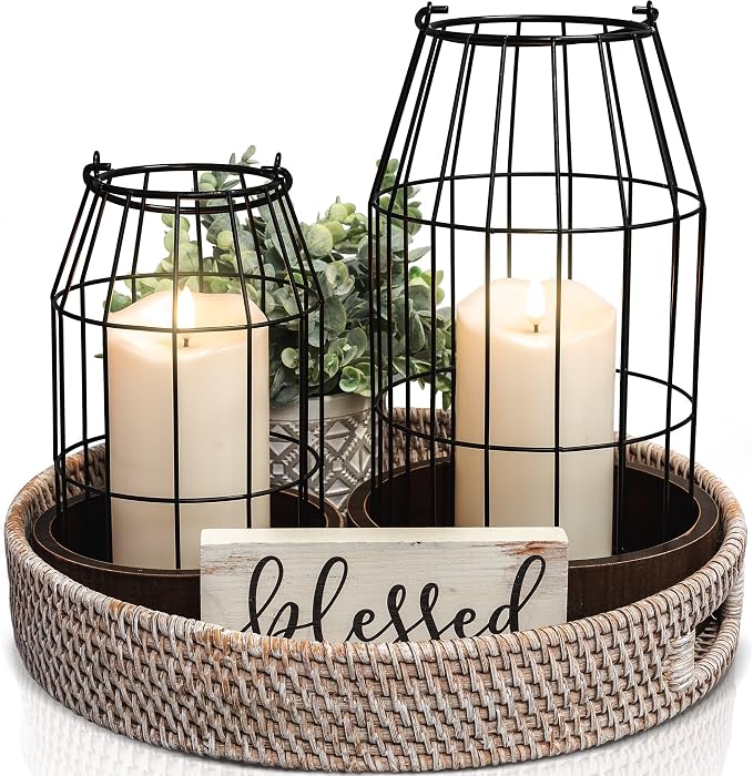Rustic Farmhouse Lantern Decor Set of 2 - Stylish Decorative Lanterns for Your Living Room, Patio & Porch or Kitchen Dining Table - Modern Indoor/Outdoor Coffee Table Decor for Your Entire Home