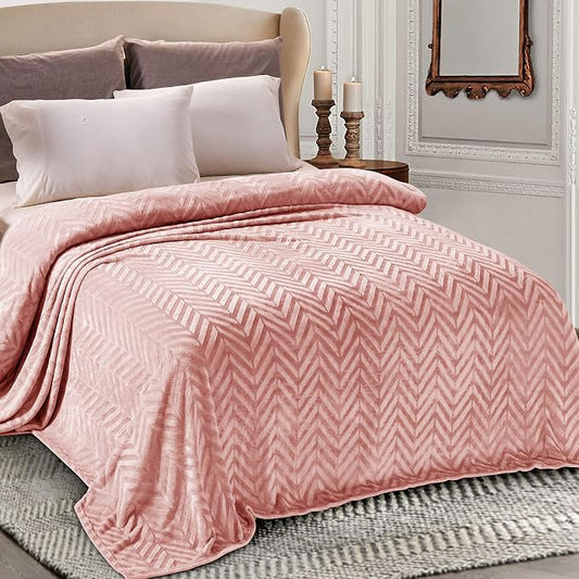 Whale Flotilla Flannel Fleece Bed Blanket Queen Size, Pink | Lightweight Breathable Soft Bedspread, Plush Fluffy Coverlet Chevron Design Decorative Blanket for All Season, 90x90 Inch