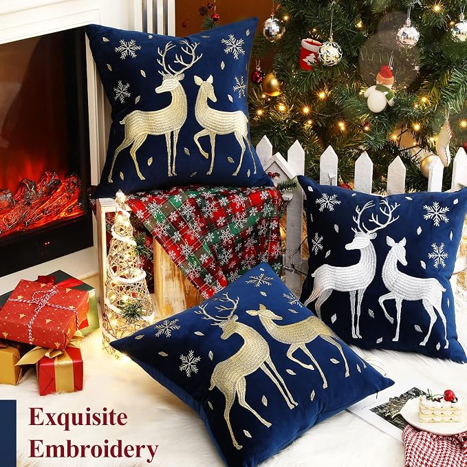 Lewondr Christmas Throw Pillow Cover, Gold Deer Snowflake, 20"x20", 2 Pack | Navy Blue, Soft Velvet, Embroidery Decorative, Luxurious Sofa Cushion Cover, Home Christmas Decoration