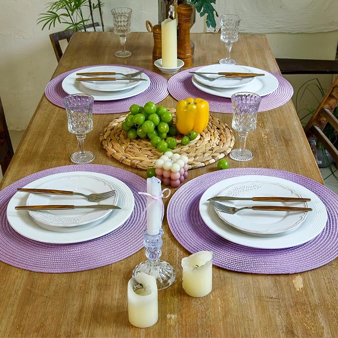 FunWheat Round Braided Placemats Set of 4 Table Mats for Dining Tables Woven Washable Non-Slip Place mats 15 inch(Lilac Purple,4pcs)