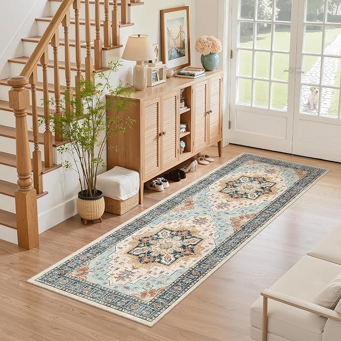 Madane Washable Runner Rug 2x6 Runners for Hallways Non Slip, Orange/Blue | Vintage Stain-Resistant 6 Feet Kitchen Rug, Soft Low-Pile Ultra-Thin Floor Carpet Mat for Bathroom Laundry Room Bedroom 2x6ft