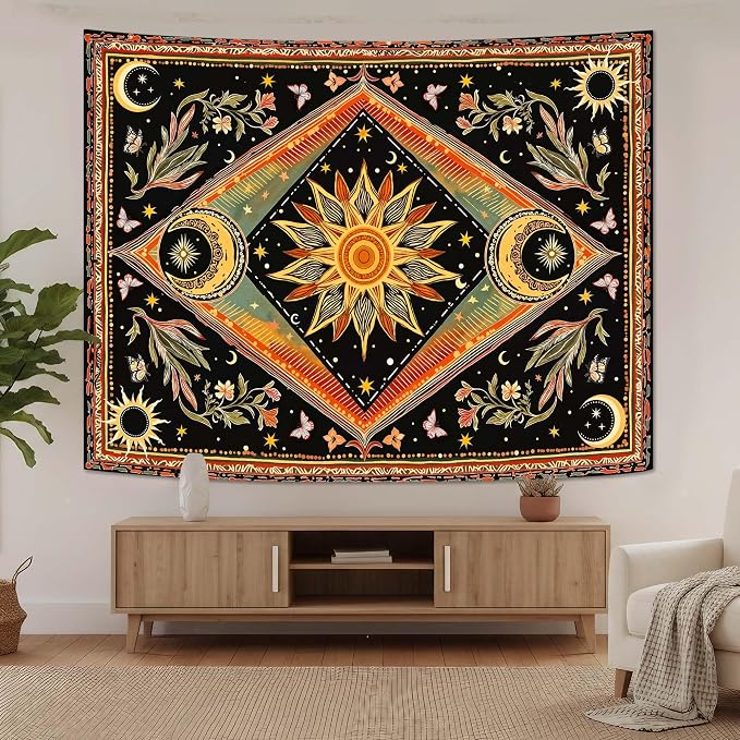 Accnicc Hippie Sun and Moon Tapestry Boho Mandala Floral Wall Tapestry for Bedroom Aesthetic Vintage Plant Celestial Colorful Small Tapestries Wall Hanging for Dorm Living Room Decor 60 x 44 Inch