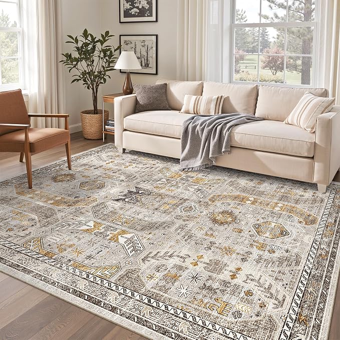Madane 6x9 Area Rugs for Living Room, Vintage Washable Rug, Brown/Gold | Stain Resistant Floor Carpet With Non-Slip Backing For Bedroom, Dining Bedroom And Office, Soft Low-Pile Home Decor Mat